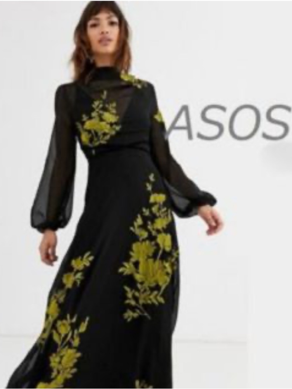 ASOS Black Maxi Dress with chartreuse Floral Embroidery